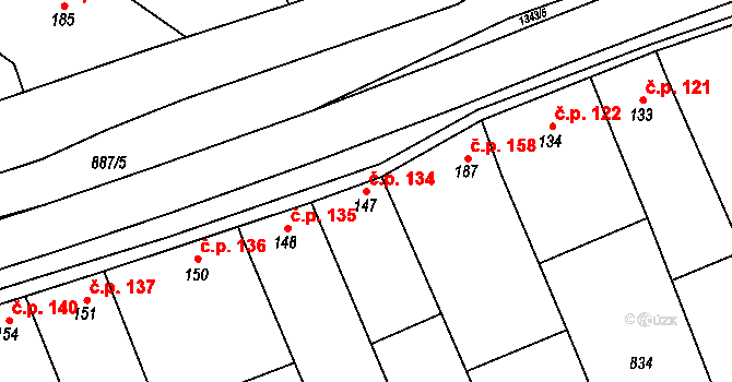 Jestřabice 134, Koryčany na parcele st. 147 v KÚ Jestřabice, Katastrální mapa