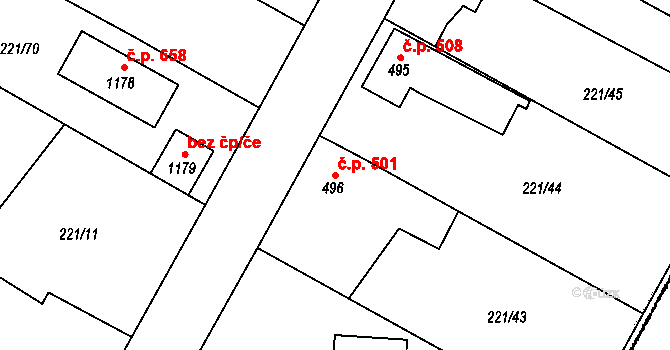 Chotěšov 501 na parcele st. 496 v KÚ Chotěšov, Katastrální mapa