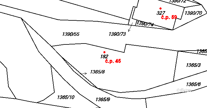 Nesměřice 45, Zruč nad Sázavou na parcele st. 182 v KÚ Nesměřice, Katastrální mapa