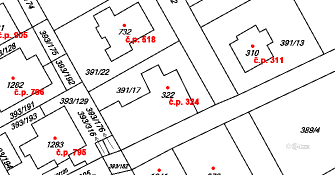Horoměřice 324 na parcele st. 322 v KÚ Horoměřice, Katastrální mapa