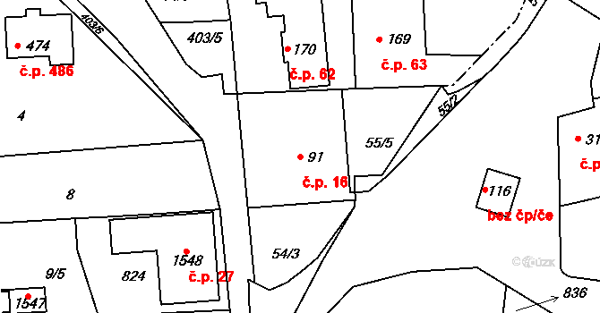 Vrané nad Vltavou 16 na parcele st. 91 v KÚ Vrané nad Vltavou, Katastrální mapa