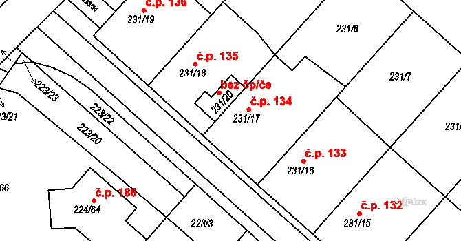 Skoronice 134 na parcele st. 231/17 v KÚ Skoronice, Katastrální mapa