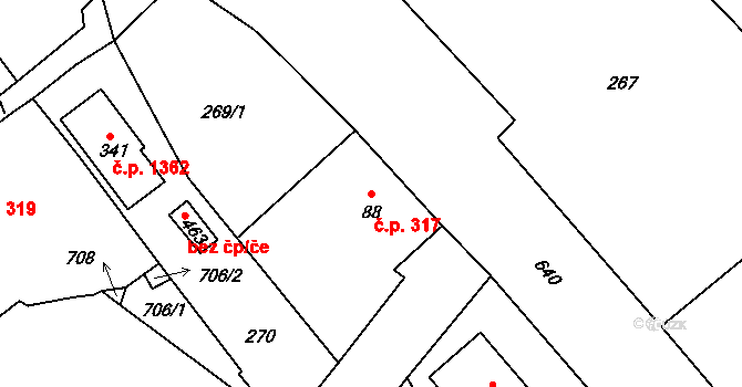 Nová Hospoda 317, Kamenice na parcele st. 88 v KÚ Štiřín, Katastrální mapa