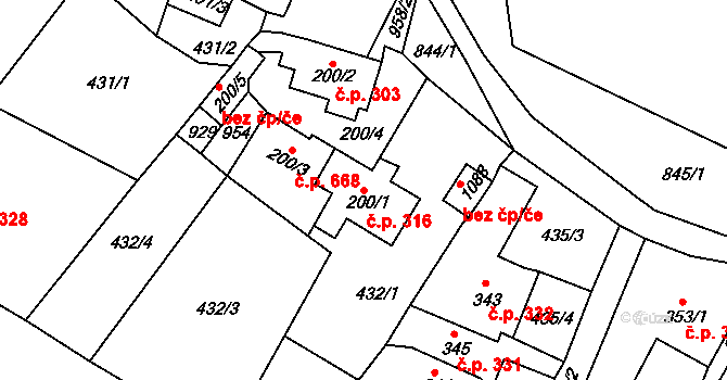 Osek 316 na parcele st. 200/1 v KÚ Osek u Duchcova, Katastrální mapa