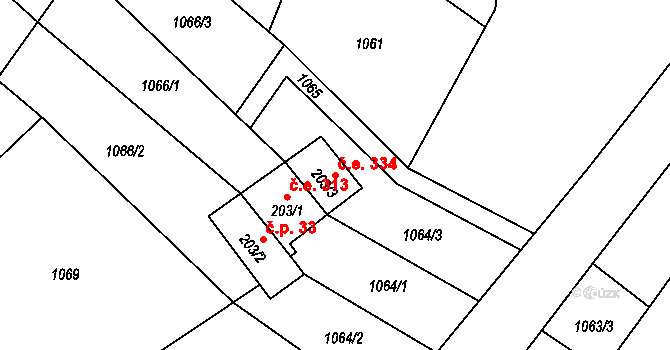 Ramzová 334, Ostružná na parcele st. 203/3 v KÚ Ostružná, Katastrální mapa