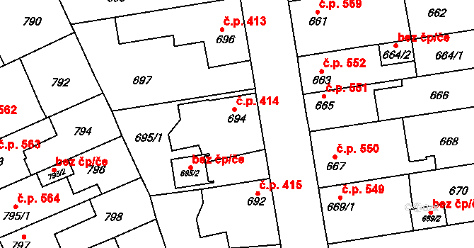 Kosmonosy 414 na parcele st. 694 v KÚ Kosmonosy, Katastrální mapa