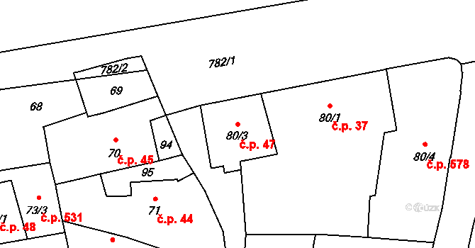 Náměšť na Hané 47 na parcele st. 80/3 v KÚ Náměšť na Hané, Katastrální mapa