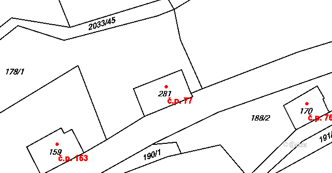Jamné nad Orlicí 77 na parcele st. 281 v KÚ Jamné nad Orlicí, Katastrální mapa