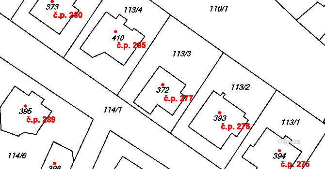 Krchleby 277 na parcele st. 372 v KÚ Krchleby u Nymburka, Katastrální mapa