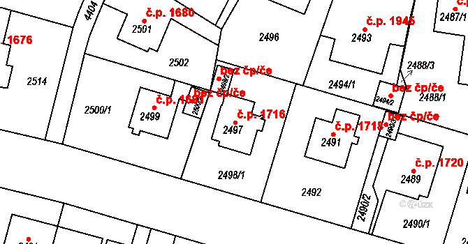 Teplice 1716 na parcele st. 2497 v KÚ Teplice, Katastrální mapa