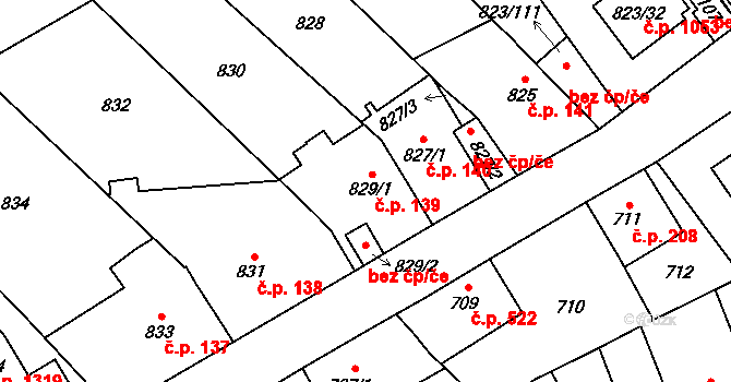 Radotín 139, Praha na parcele st. 829/1 v KÚ Radotín, Katastrální mapa