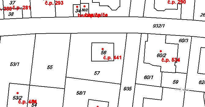 Hostavice 441, Praha na parcele st. 56 v KÚ Hostavice, Katastrální mapa