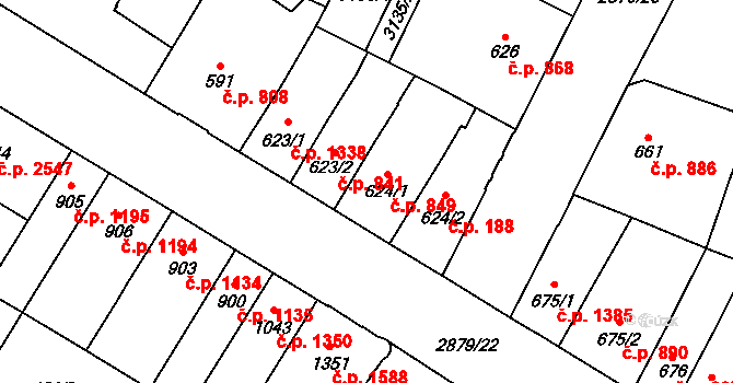 Hodonín 849 na parcele st. 624/1 v KÚ Hodonín, Katastrální mapa