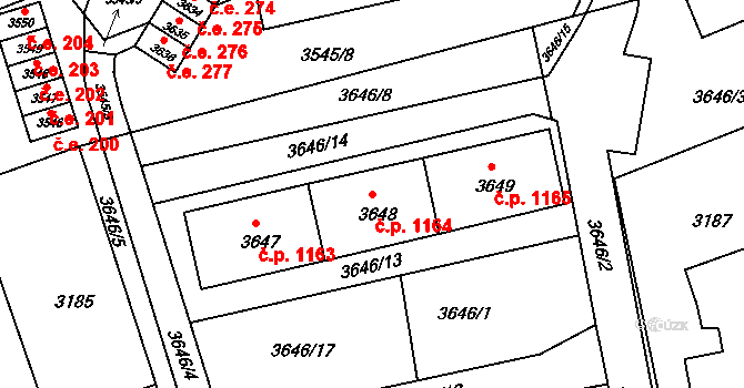 Jirkov 1164 na parcele st. 3648 v KÚ Jirkov, Katastrální mapa