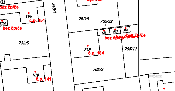 Dolní Chrastava 184, Chrastava na parcele st. 215 v KÚ Dolní Chrastava, Katastrální mapa