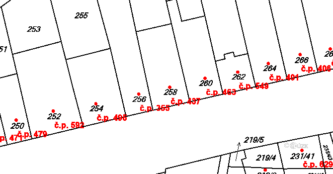 Blučina 437 na parcele st. 258 v KÚ Blučina, Katastrální mapa