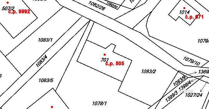 Kudlov 505, Zlín na parcele st. 701 v KÚ Kudlov, Katastrální mapa
