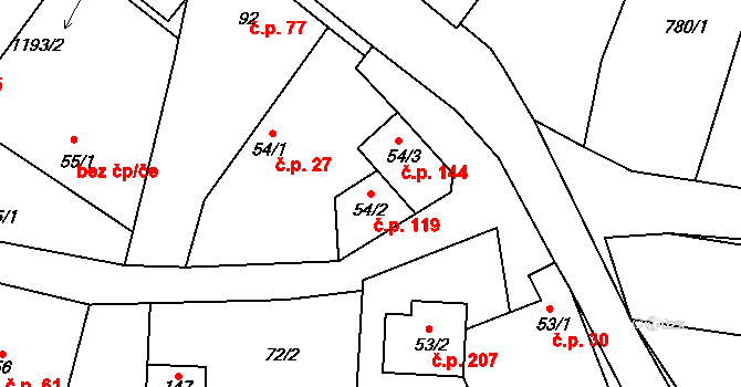 Výčapy 119 na parcele st. 54/2 v KÚ Výčapy, Katastrální mapa