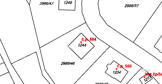 Toužim 554 na parcele st. 1244 v KÚ Toužim, Katastrální mapa
