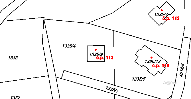 Těšovice 113 na parcele st. 1335/9 v KÚ Těšovice, Katastrální mapa