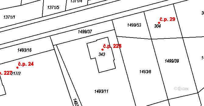 Rudice 228 na parcele st. 343 v KÚ Rudice, Katastrální mapa