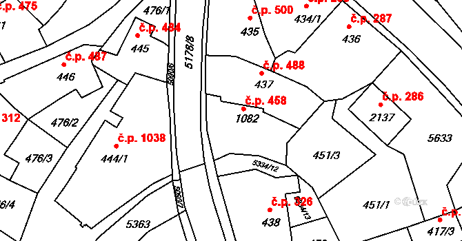 Vizovice 458 na parcele st. 1082 v KÚ Vizovice, Katastrální mapa