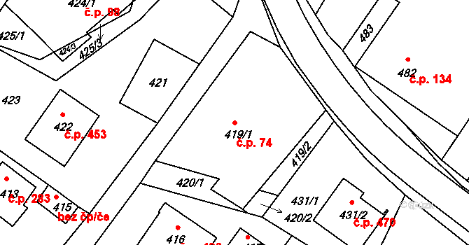 Štípa 74, Zlín na parcele st. 419/1 v KÚ Štípa, Katastrální mapa