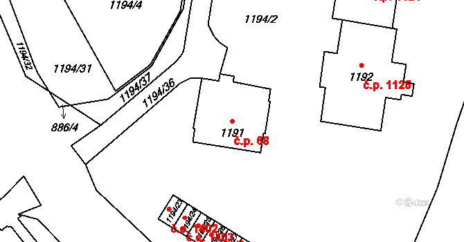 Kopřivnice 68 na parcele st. 1191 v KÚ Kopřivnice, Katastrální mapa