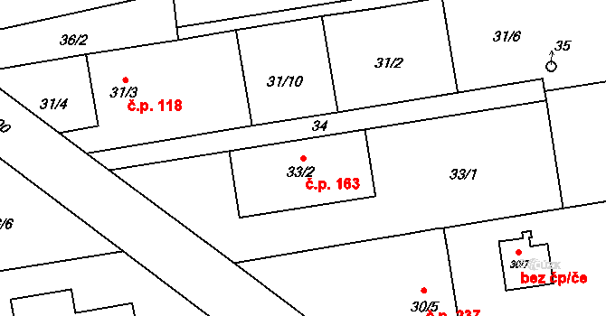 Bobrovníky 163, Hlučín na parcele st. 33/2 v KÚ Bobrovníky, Katastrální mapa