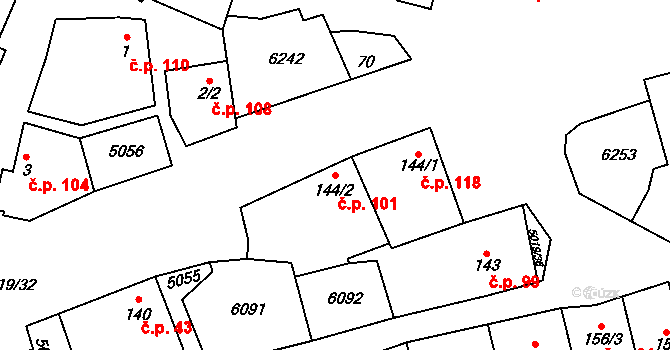Popovice 101 na parcele st. 144/2 v KÚ Popovice u Uherského Hradiště, Katastrální mapa