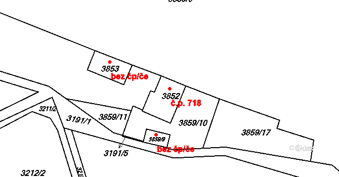 Kunovice 718 na parcele st. 3852 v KÚ Kunovice u Uherského Hradiště, Katastrální mapa
