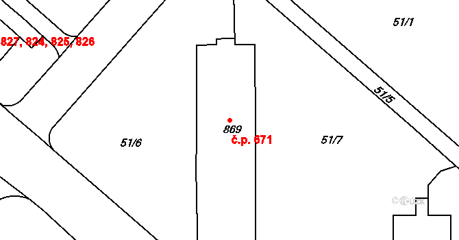 Neratovice 671 na parcele st. 869 v KÚ Neratovice, Katastrální mapa