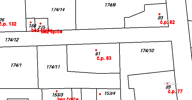 Chýně 83 na parcele st. 91 v KÚ Chýně, Katastrální mapa