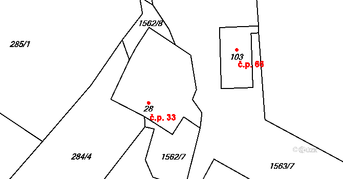 Lžín 33, Dírná na parcele st. 28 v KÚ Lžín, Katastrální mapa