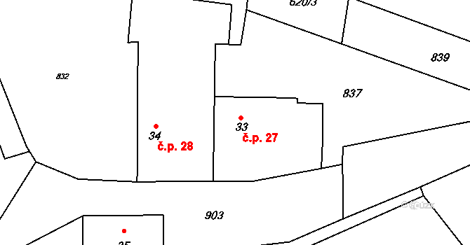 Ždánov 27 na parcele st. 33 v KÚ Ždánov, Katastrální mapa