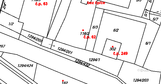 Dolní Roveň 62 na parcele st. 116/2 v KÚ Dolní Roveň, Katastrální mapa