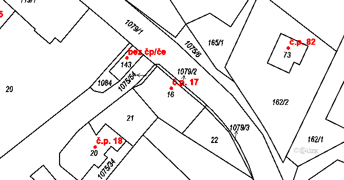 Postřelmůvek 17 na parcele st. 16 v KÚ Postřelmůvek, Katastrální mapa