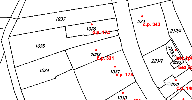 Mohelnice 331 na parcele st. 1033 v KÚ Mohelnice, Katastrální mapa