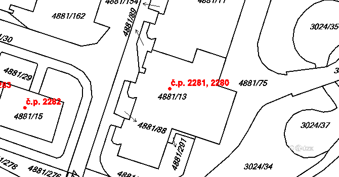 Louny 2280,2281 na parcele st. 4881/13 v KÚ Louny, Katastrální mapa