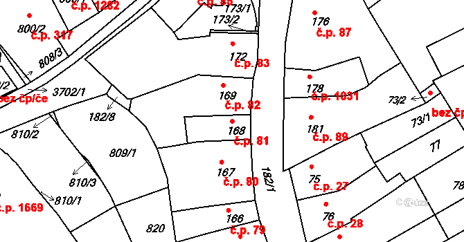 Holešov 81 na parcele st. 168 v KÚ Holešov, Katastrální mapa