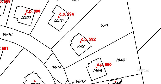 Lyžbice 592, Třinec na parcele st. 97/2 v KÚ Lyžbice, Katastrální mapa
