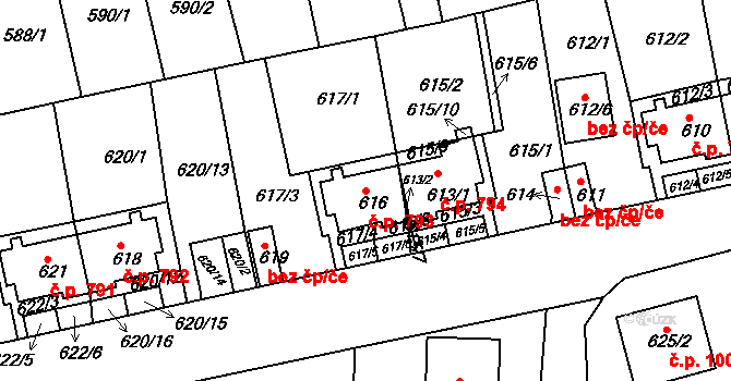 Roztoky 793 na parcele st. 616 v KÚ Roztoky u Prahy, Katastrální mapa