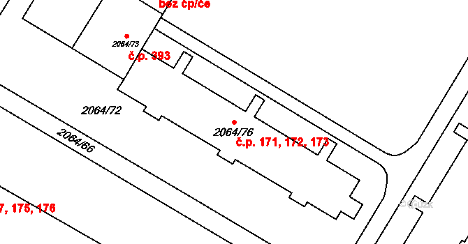 Brňany 171,172,173, Vyškov na parcele st. 2064/76 v KÚ Vyškov, Katastrální mapa