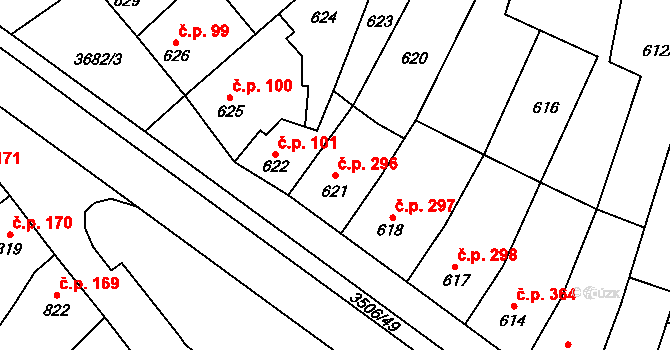 Vyškov-Předměstí 296, Vyškov na parcele st. 621 v KÚ Vyškov, Katastrální mapa