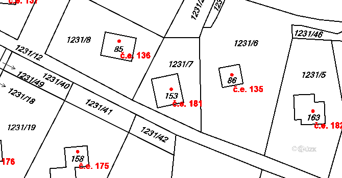 Měřín 181, Rabyně na parcele st. 153 v KÚ Blaženice, Katastrální mapa
