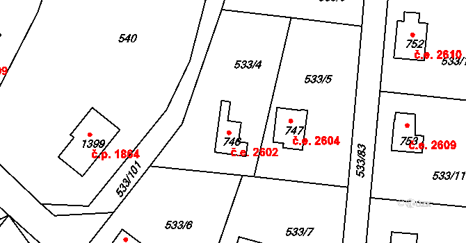 Těptín 2602, Kamenice na parcele st. 746 v KÚ Těptín, Katastrální mapa
