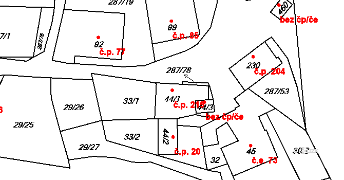 Tetín 215 na parcele st. 44/1 v KÚ Tetín u Berouna, Katastrální mapa