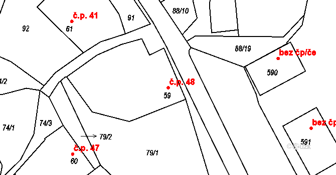 Kamýk nad Vltavou 48 na parcele st. 59 v KÚ Kamýk nad Vltavou, Katastrální mapa