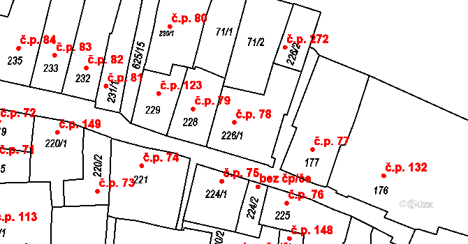 Zámostí 78, Třebíč na parcele st. 226/1 v KÚ Podklášteří, Katastrální mapa