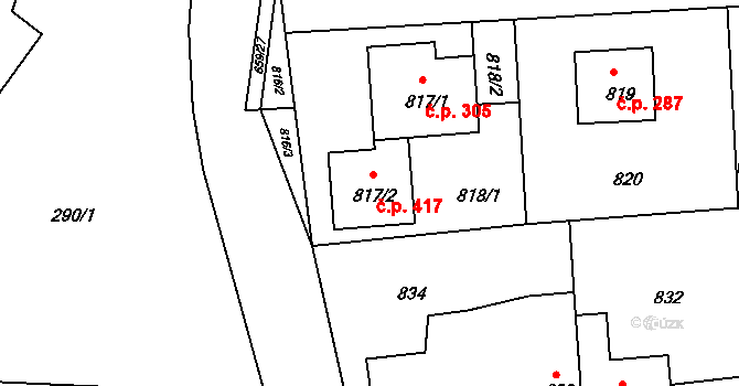 Písnice 417, Praha na parcele st. 817/2 v KÚ Písnice, Katastrální mapa